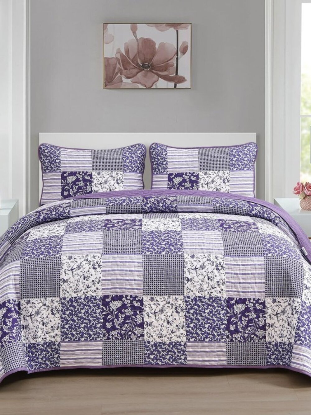 Boho Quilts Queen Size, Patchwork Reversible Bedding Set, Purple